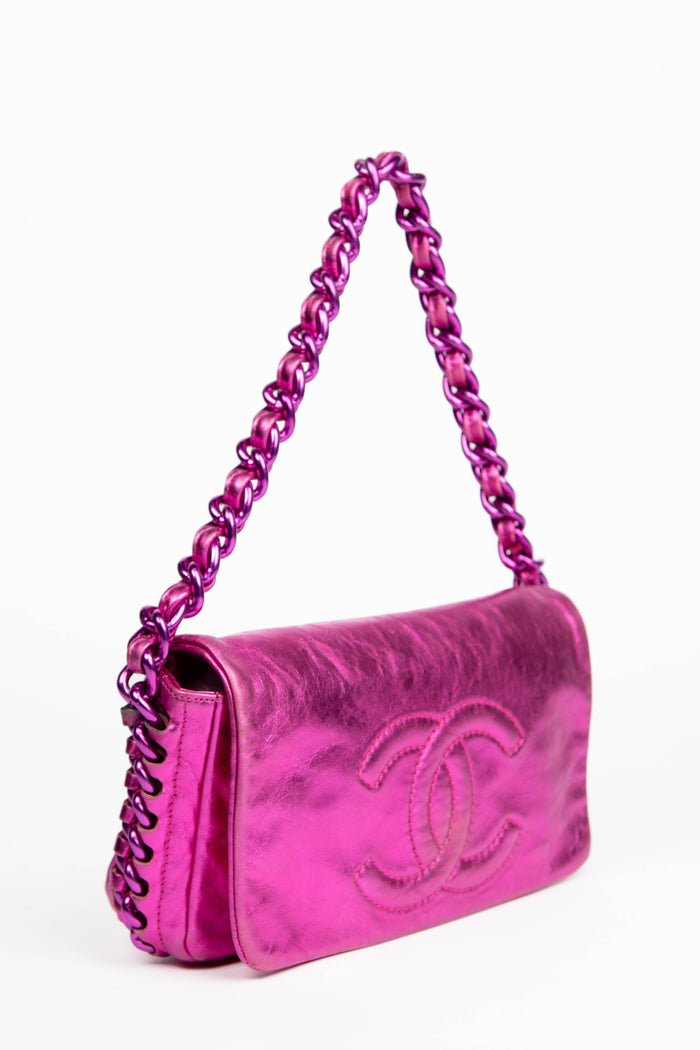 2000s Chanel Metallic Pink Leather Modern Chain Single Flap Bag