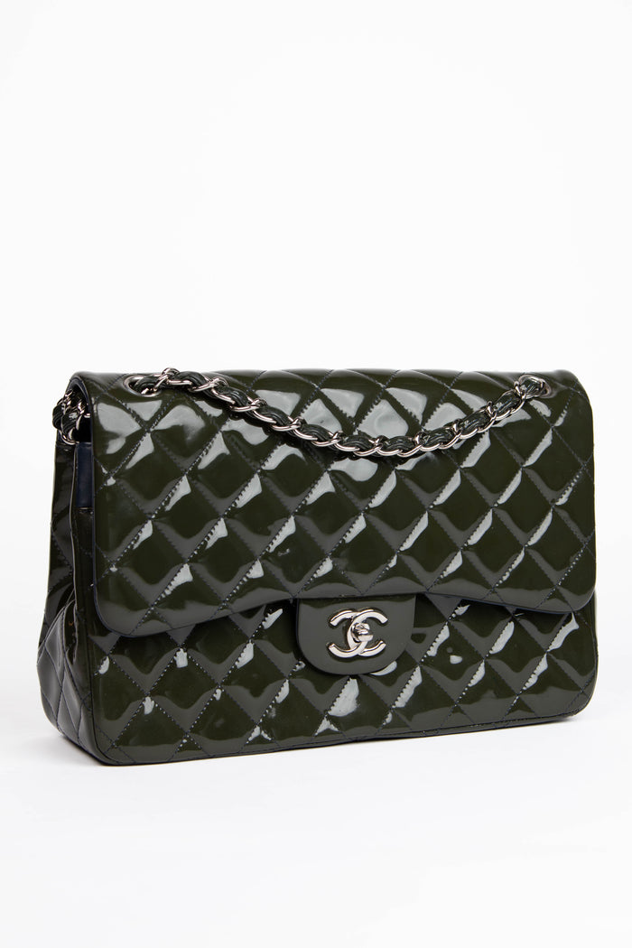 2010s Chanel Dark Green Patent Leather Jumbo Single Flap Shoulder Bag