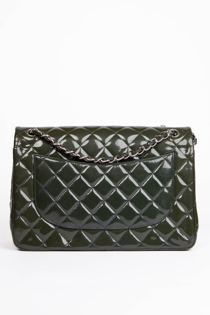 2010s Chanel Dark Green Patent Leather Jumbo Single Flap Shoulder Bag