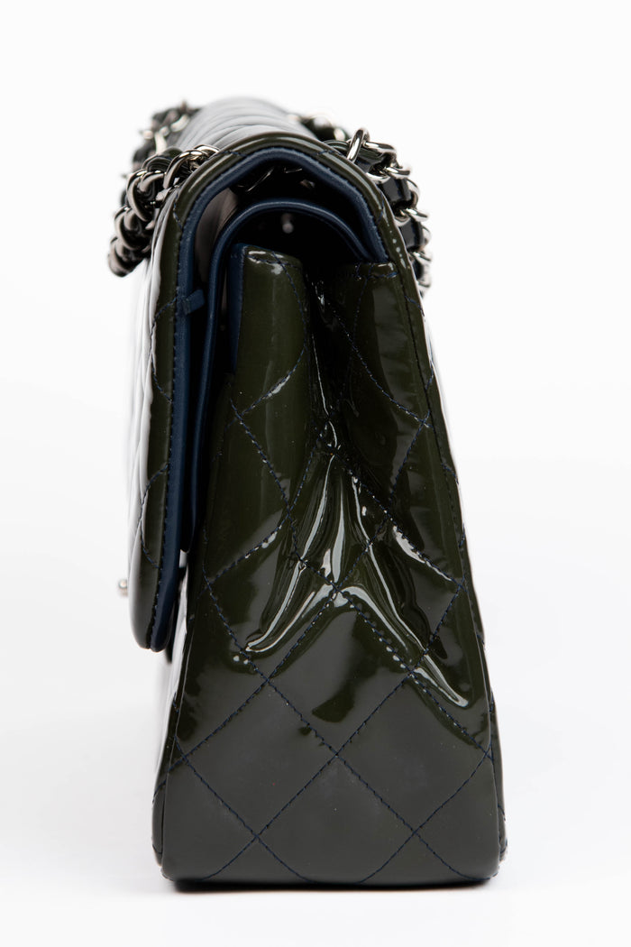 2010s Chanel Dark Green Patent Leather Jumbo Single Flap Shoulder Bag