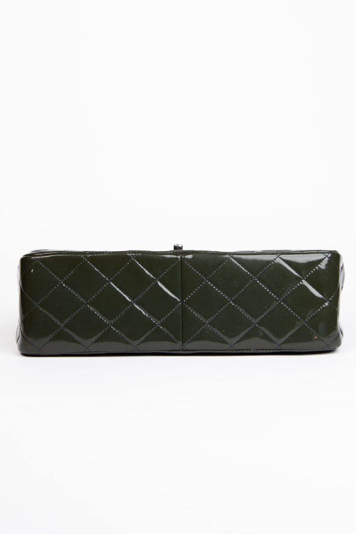 2010s Chanel Dark Green Patent Leather Jumbo Single Flap Shoulder Bag