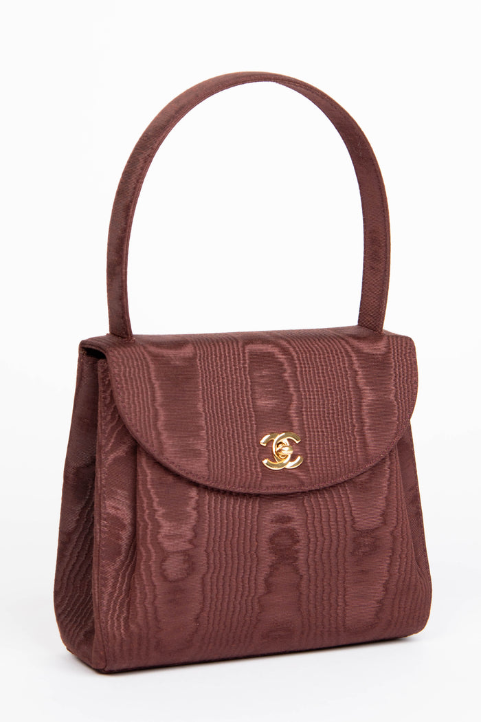 90s Chanel Brown Moire Silk Top Handle Bag