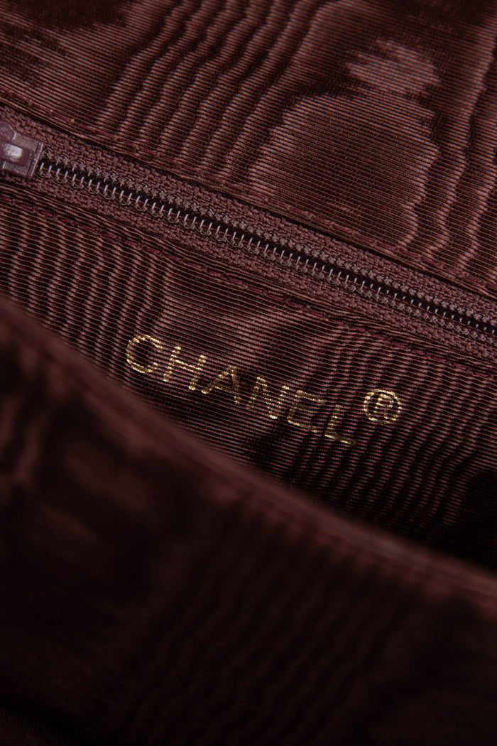 90s Chanel Brown Moire Silk Top Handle Bag