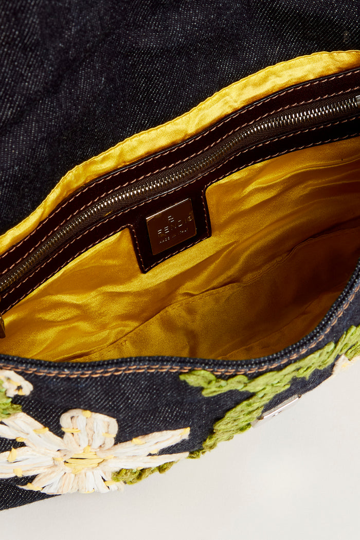 90s Fendi Denim Embroidered Baguette Shoulder Bag