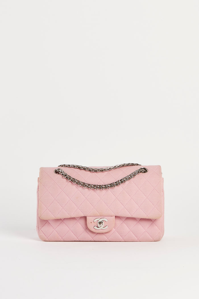 2000s Chanel Baby Pink Jersey Medium Double Flap Bag SHW