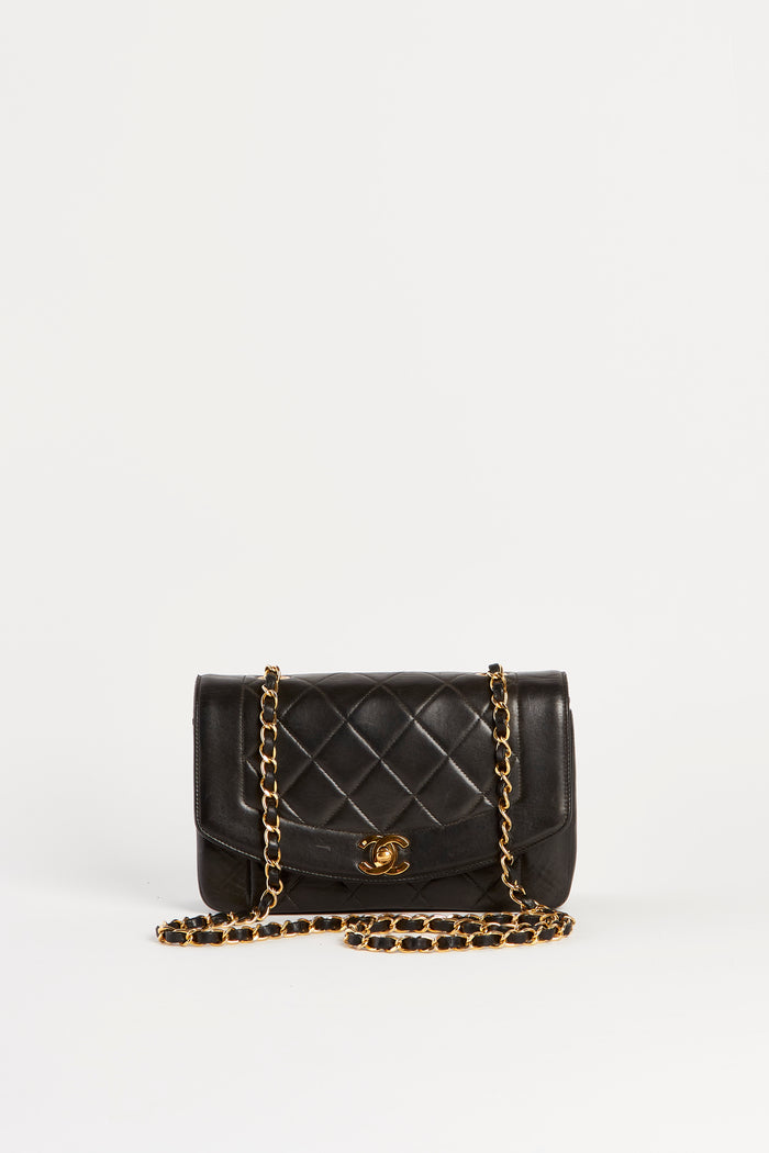 90s Chanel Black Lambskin Leather Diana Bag