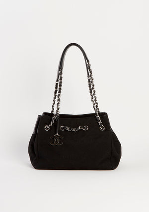 2000s Chanel Black Canvas Chevron Drawstring Shoulder Bag