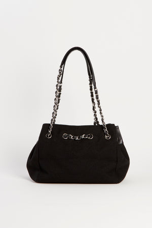 2000s Chanel Black Canvas Chevron Drawstring Shoulder Bag