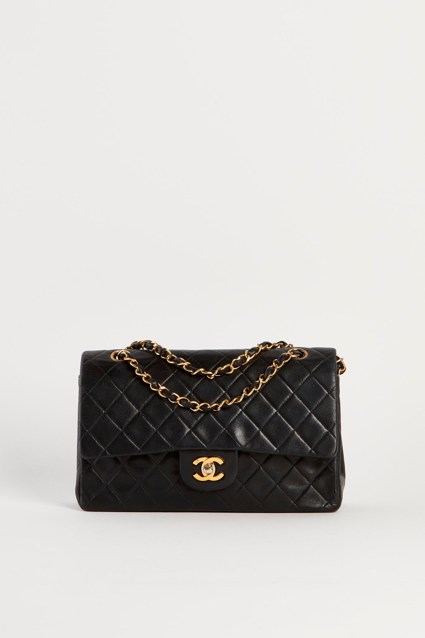 90s Chanel Black Lambskin Medium Classic Double Flap with 24K GHW