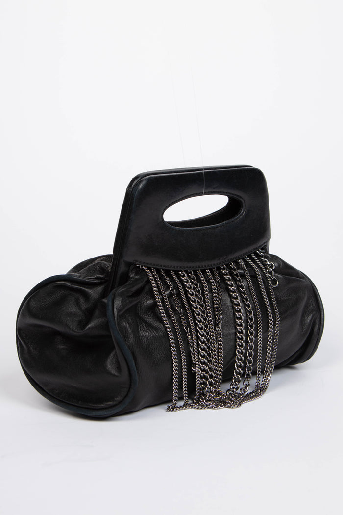 2000s Chanel Black Lambskin Leather Chain Top Handle Bag