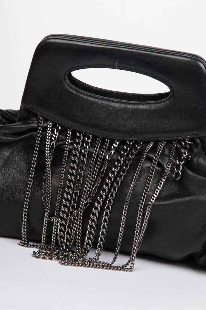 2000s Chanel Black Lambskin Leather Chain Top Handle Bag
