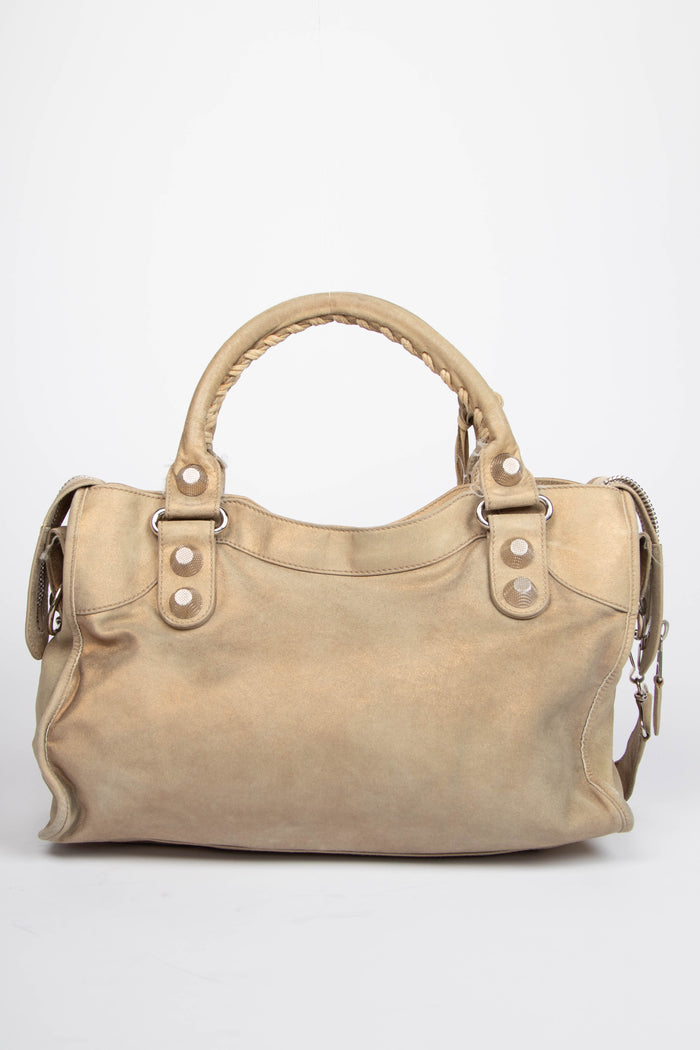 2010s Balenciaga Beige Suede City Bag with Giant Silver Hardware