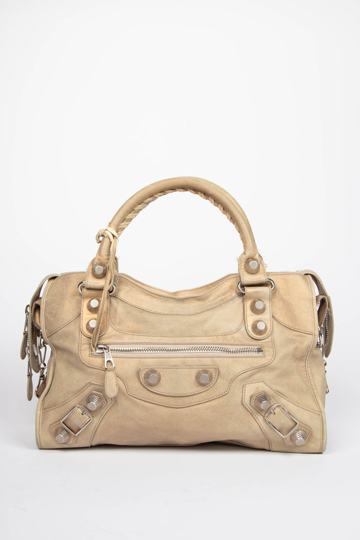 2010s Balenciaga Beige Suede City Bag with Giant Silver Hardware