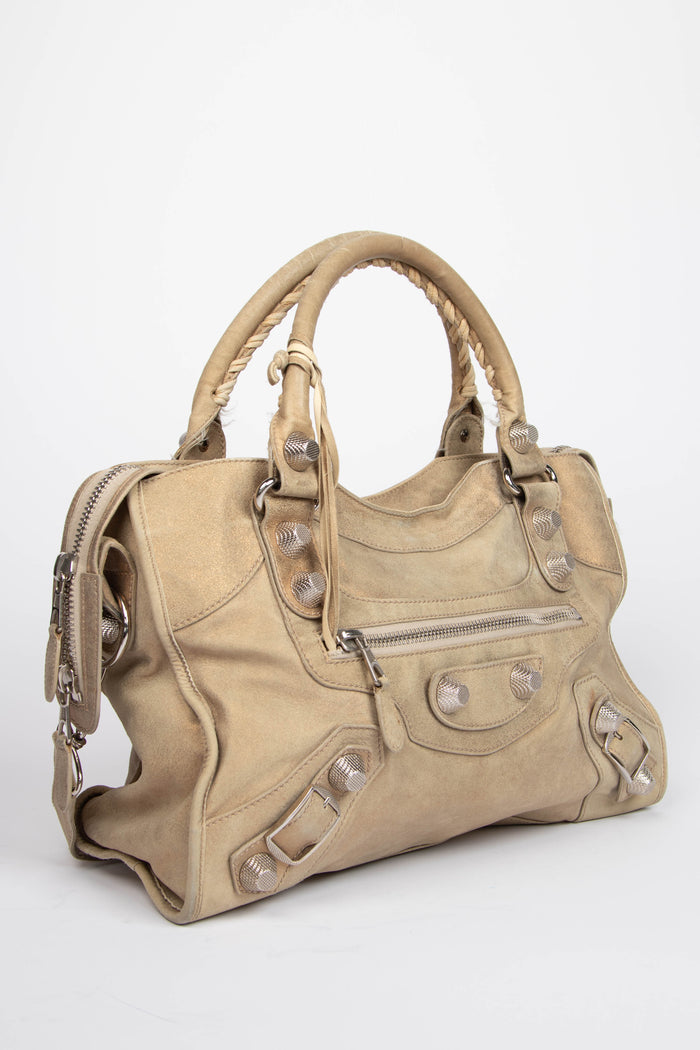 2010s Balenciaga Beige Suede City Bag with Giant Silver Hardware