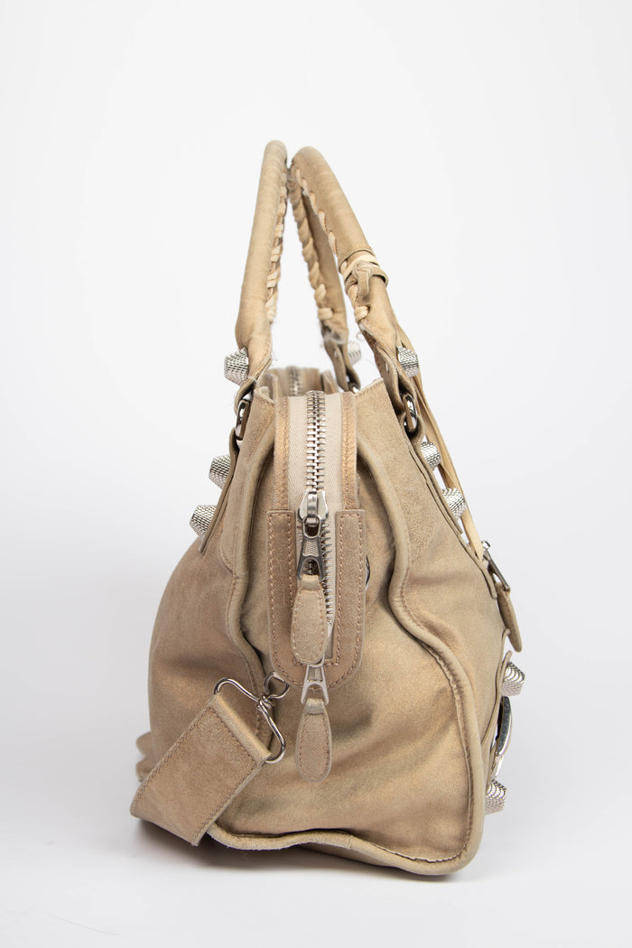 2010s Balenciaga Beige Suede City Bag with Giant Silver Hardware