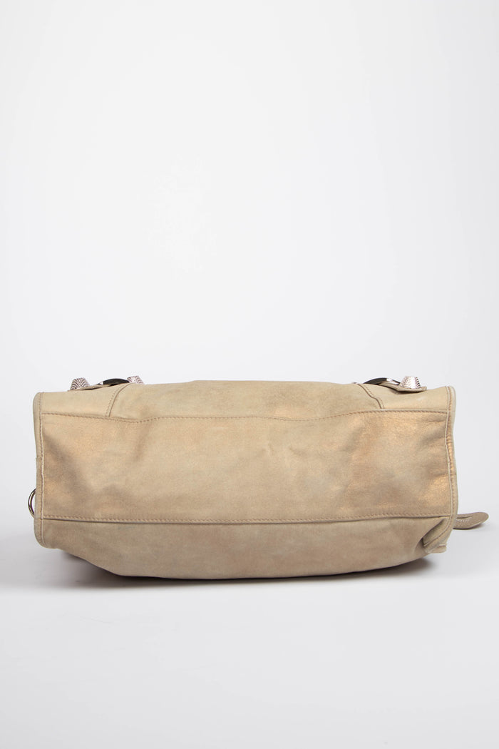 2010s Balenciaga Beige Suede City Bag with Giant Silver Hardware