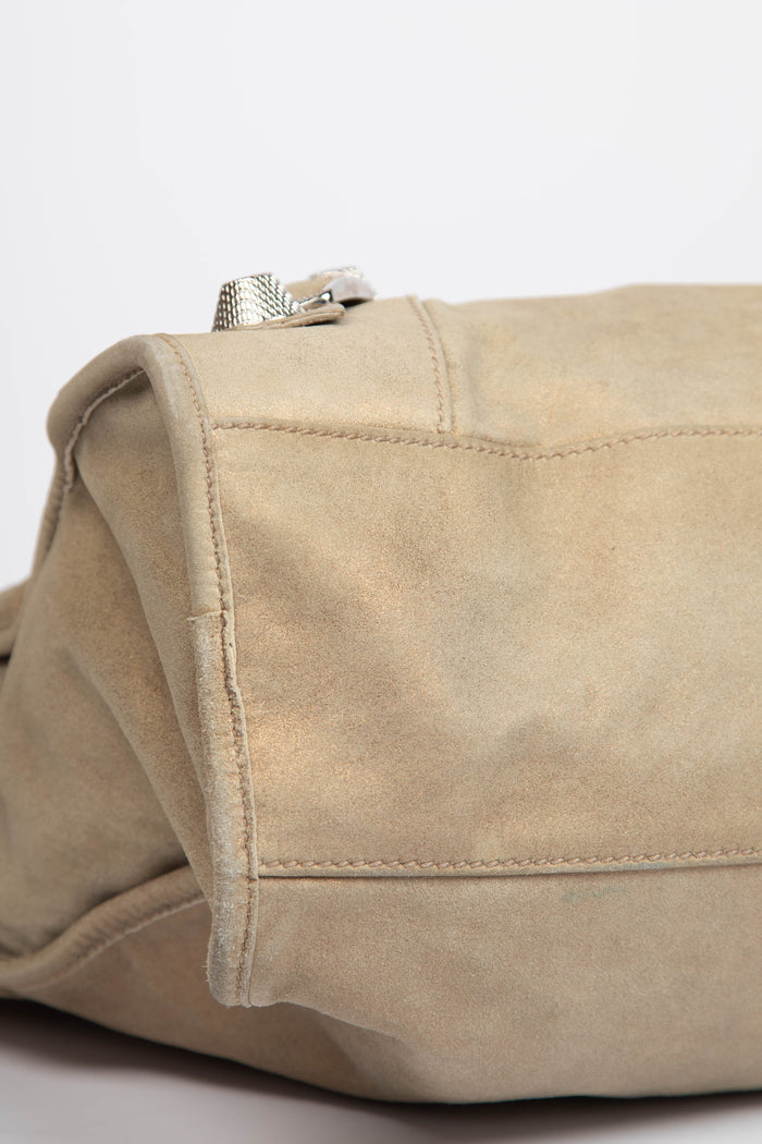 2010s Balenciaga Beige Suede City Bag with Giant Silver Hardware