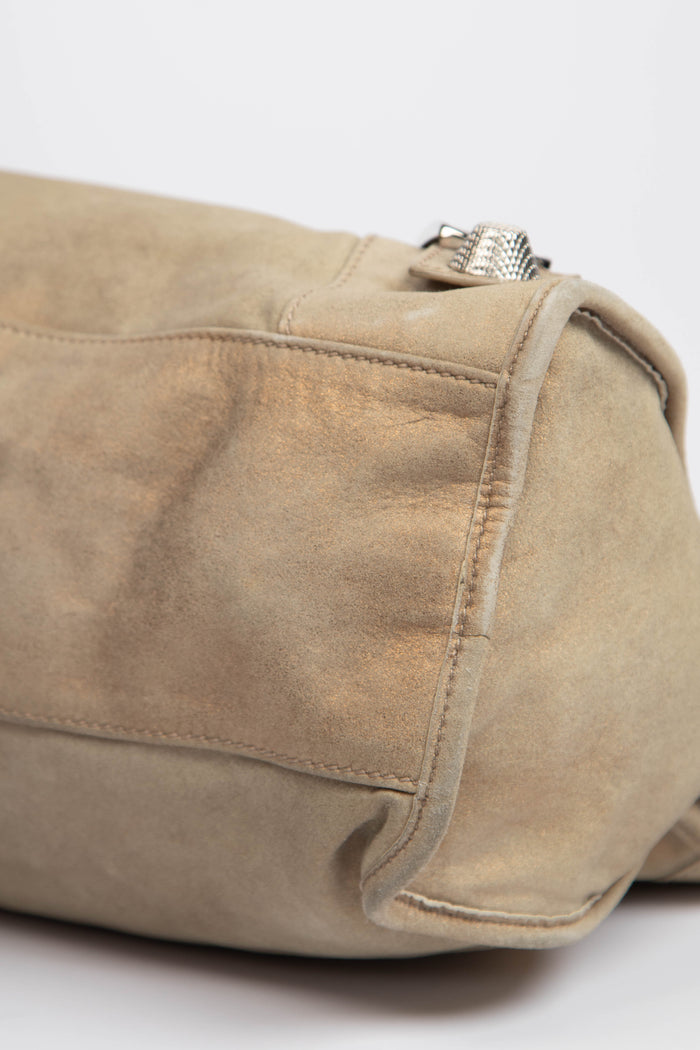 2010s Balenciaga Beige Suede City Bag with Giant Silver Hardware