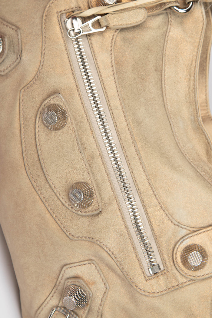 2010s Balenciaga Beige Suede City Bag with Giant Silver Hardware