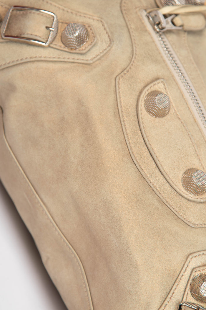 2010s Balenciaga Beige Suede City Bag with Giant Silver Hardware