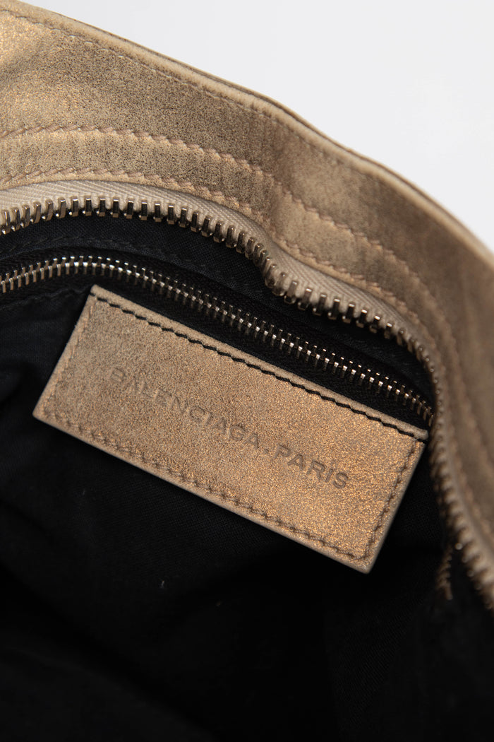 2010s Balenciaga Beige Suede City Bag with Giant Silver Hardware