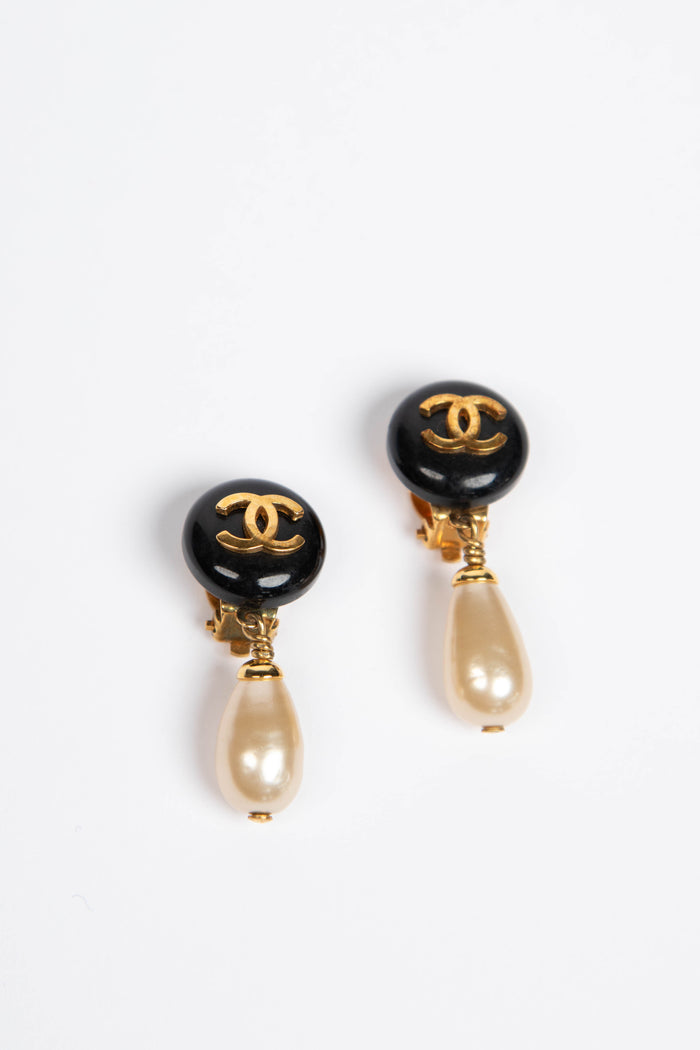 Vintage Chanel Black & Gold Pearl Drop Earrings