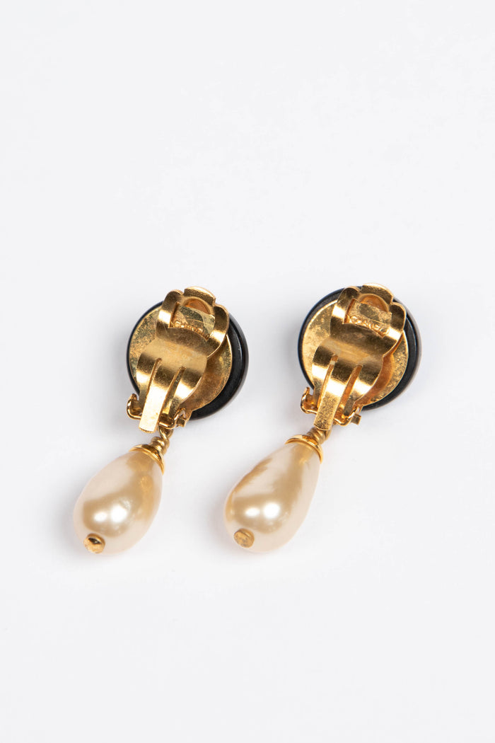 Vintage Chanel Black & Gold Pearl Drop Earrings