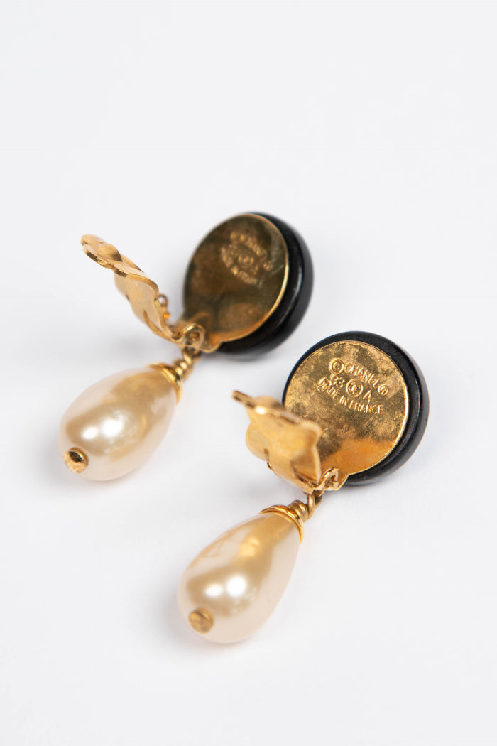 Vintage Chanel Black & Gold Pearl Drop Earrings
