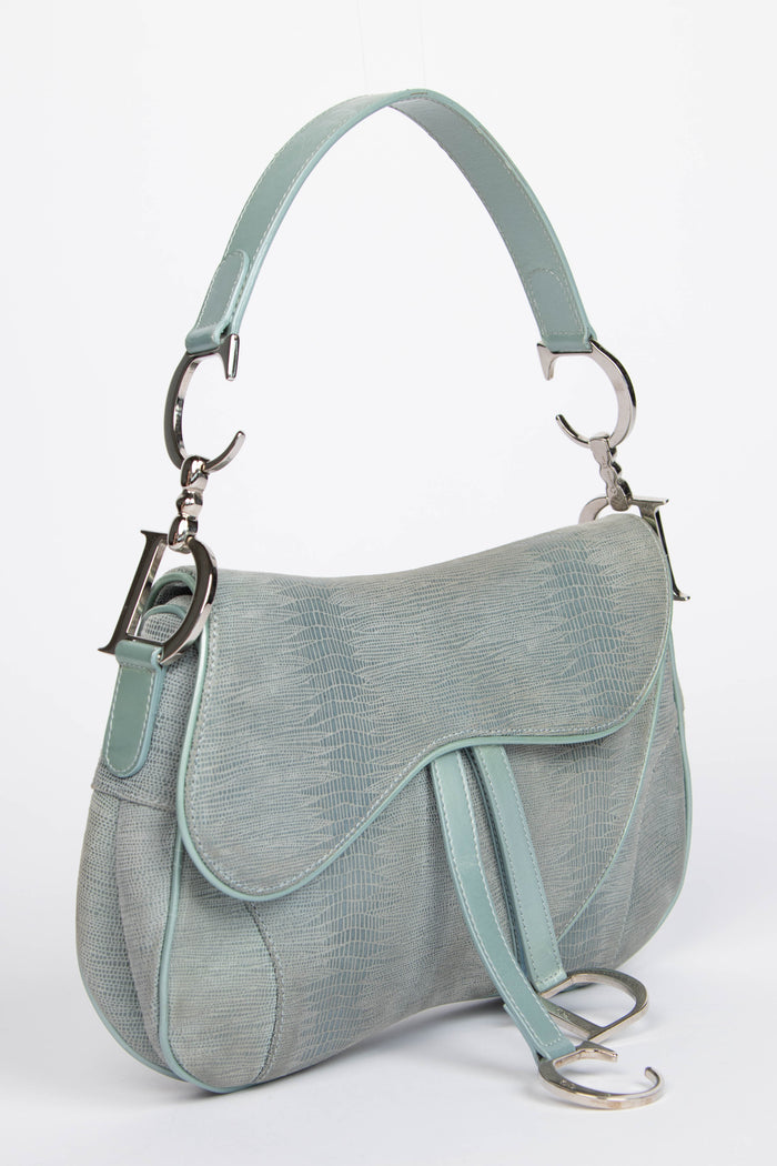 Vintage Christian Dior Green Mock Lizard Double Saddle Shoulder Bag