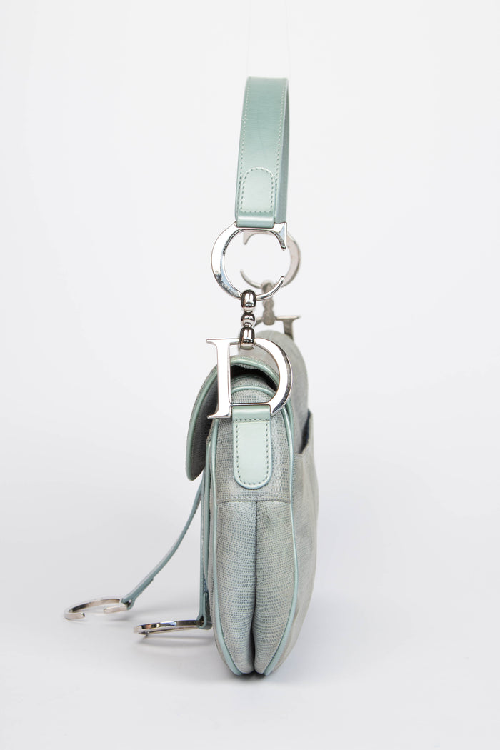 Vintage Christian Dior Green Mock Lizard Double Saddle Shoulder Bag