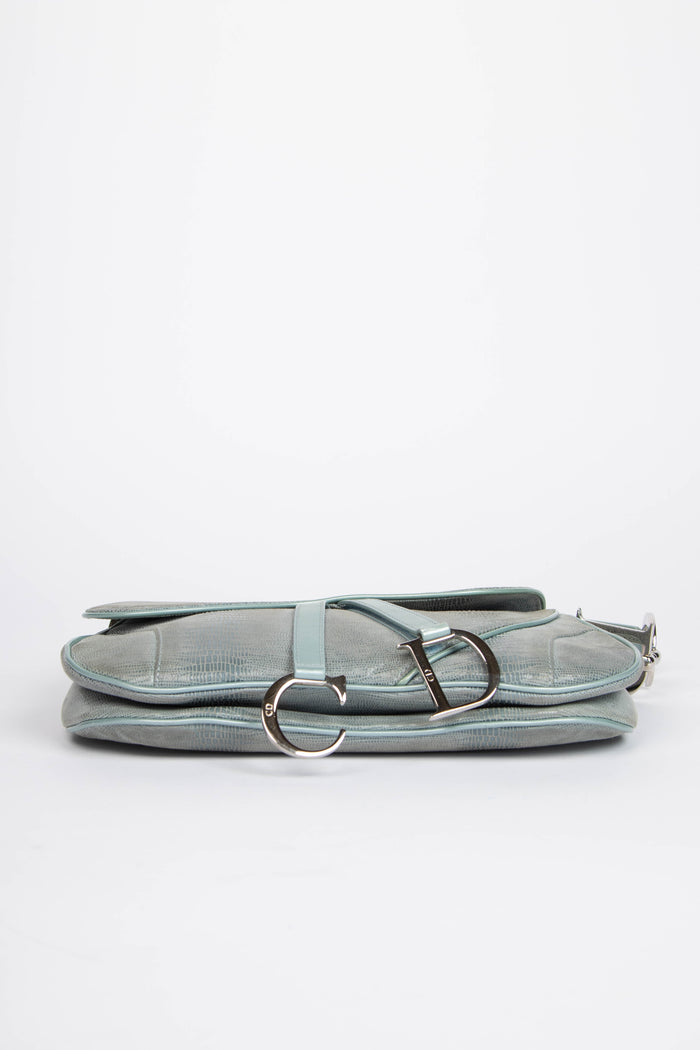 Vintage Christian Dior Green Mock Lizard Double Saddle Shoulder Bag