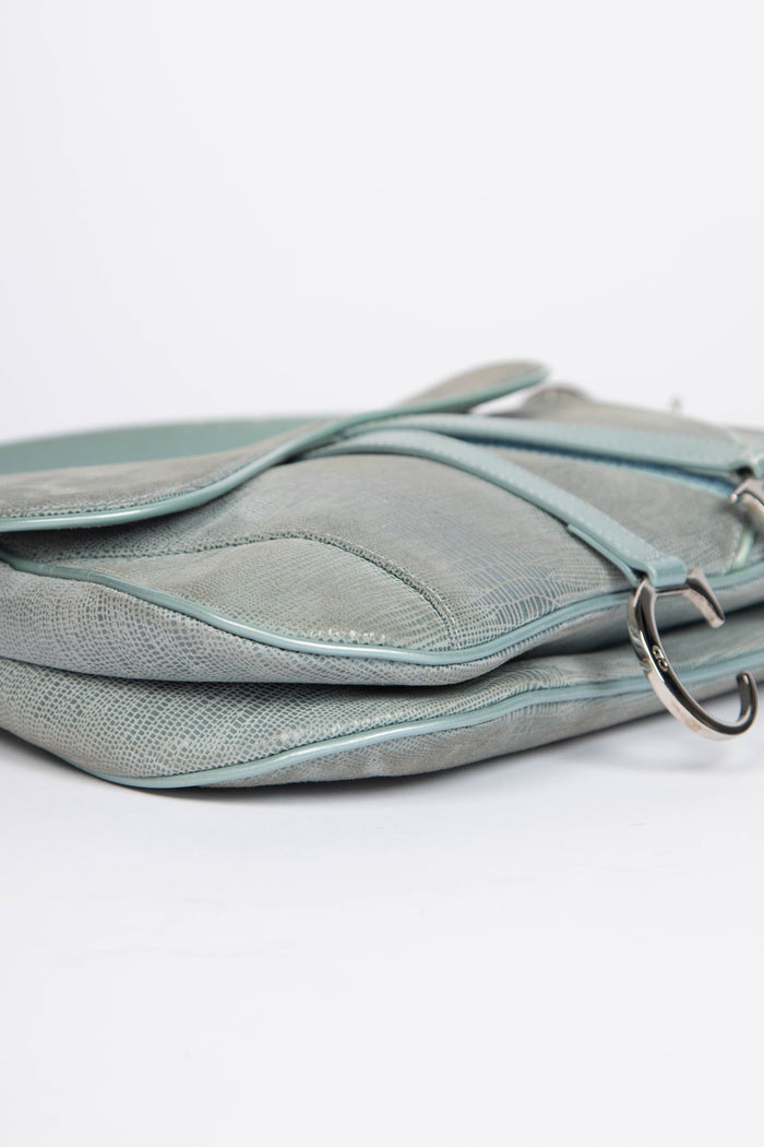 Vintage Christian Dior Green Mock Lizard Double Saddle Shoulder Bag