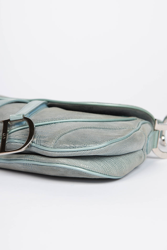 Vintage Christian Dior Green Mock Lizard Double Saddle Shoulder Bag