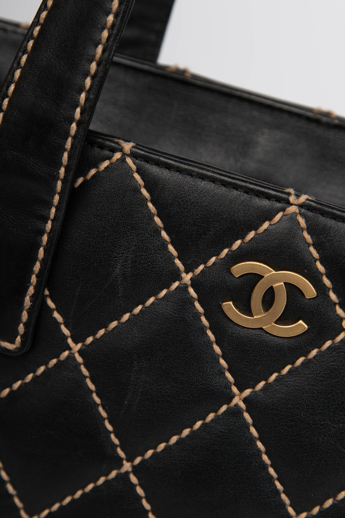 2000s Chanel Black Leather Wild Stitch Tote Bag