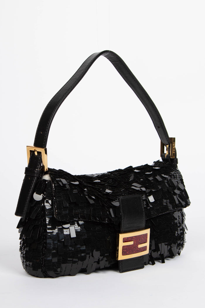 RARE Vintage Fendi Black Sequin Baguette Shoulder Bag