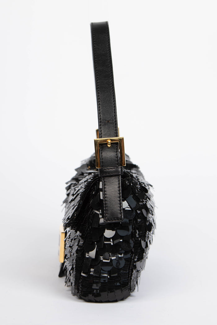 RARE Vintage Fendi Black Sequin Baguette Shoulder Bag