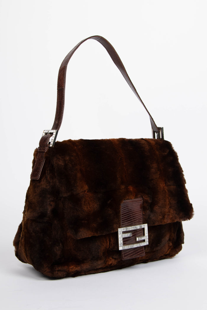 Vintage Fendi Fur and Crystal Mamma Baguette Shoulder Bag