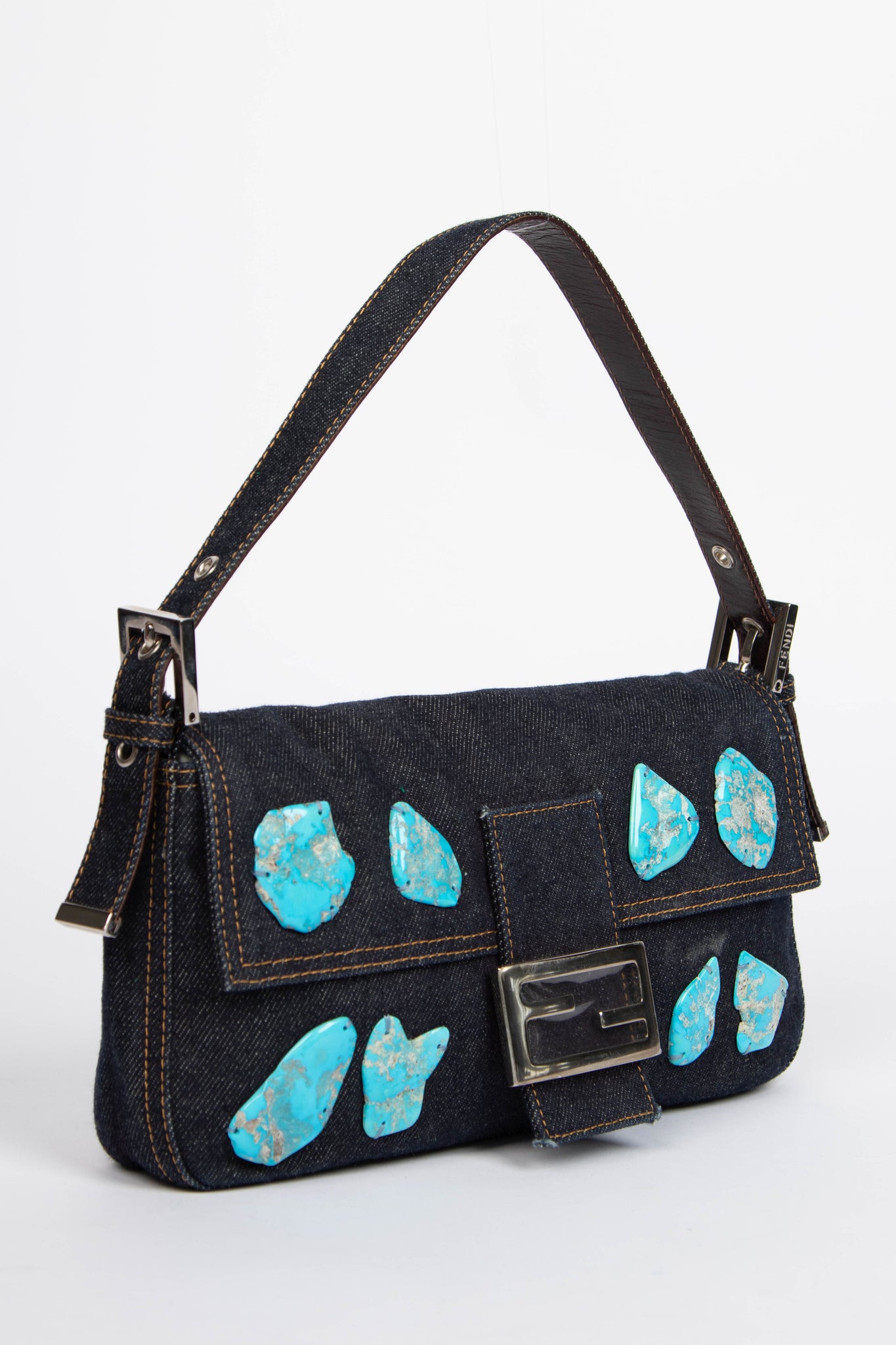 RARE Vintage Fendi Denim Stone Embellished Baguette Shoulder Bag 