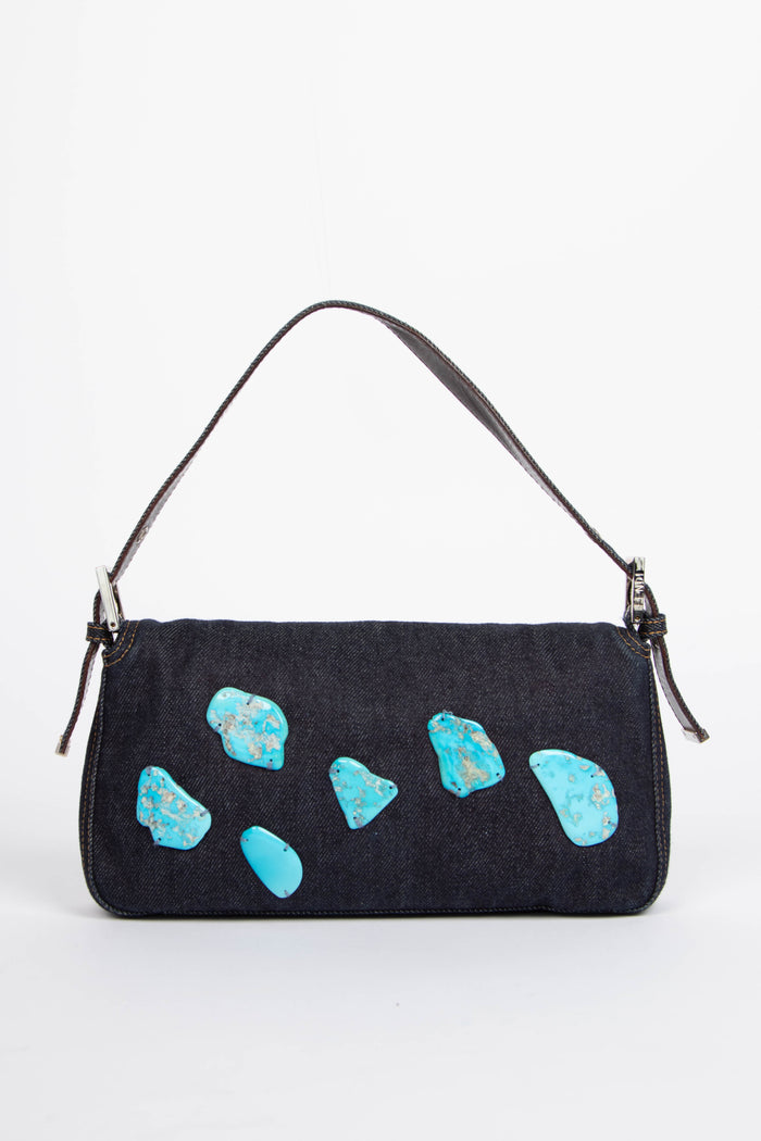 RARE Vintage Fendi Denim Stone Embellished Baguette Shoulder Bag