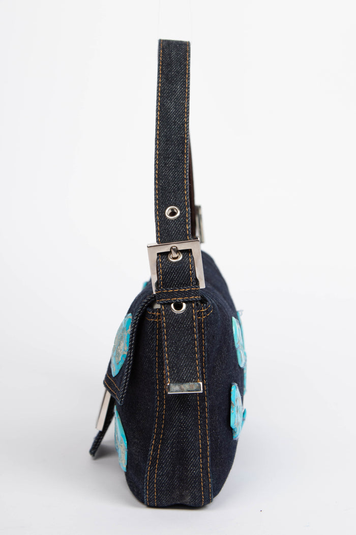 RARE Vintage Fendi Denim Stone Embellished Baguette Shoulder Bag