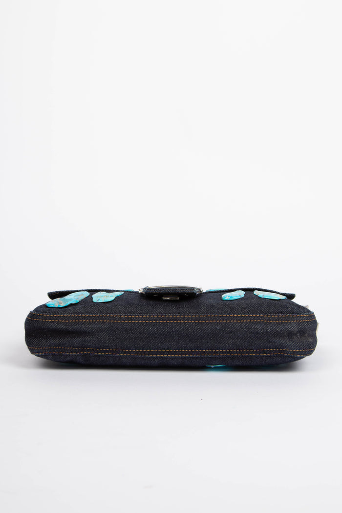 RARE Vintage Fendi Denim Stone Embellished Baguette Shoulder Bag