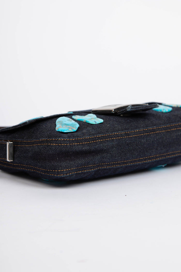 RARE Vintage Fendi Denim Stone Embellished Baguette Shoulder Bag