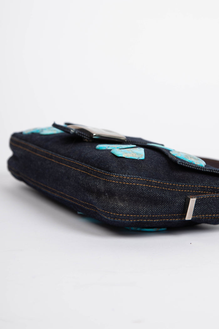 RARE Vintage Fendi Denim Stone Embellished Baguette Shoulder Bag