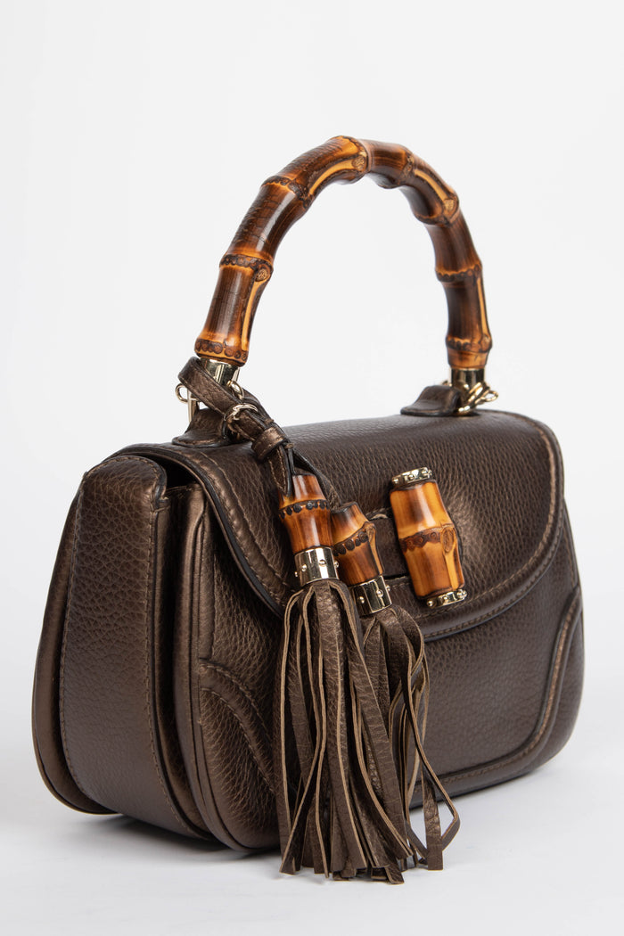 2010s Gucci Metallic Leather & Bamboo Top Handle Bag