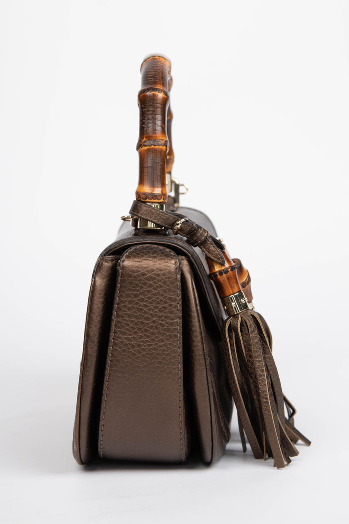 2010s Gucci Metallic Leather & Bamboo Top Handle Bag