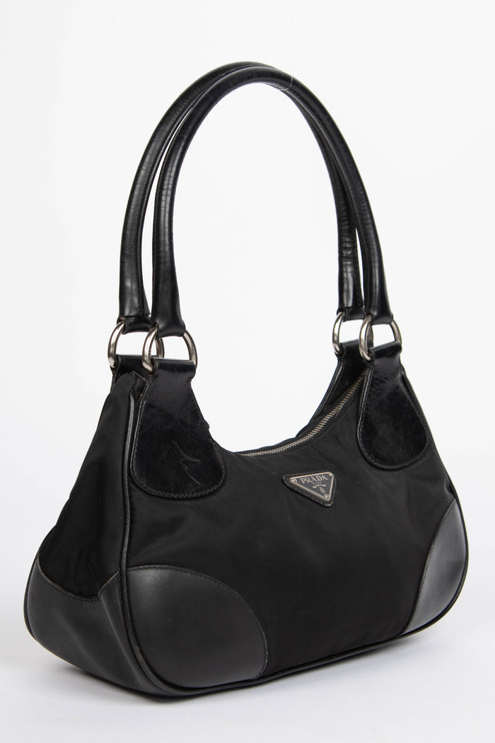 2000s Prada Black Nylon Part Leather Small Shoulder Bag