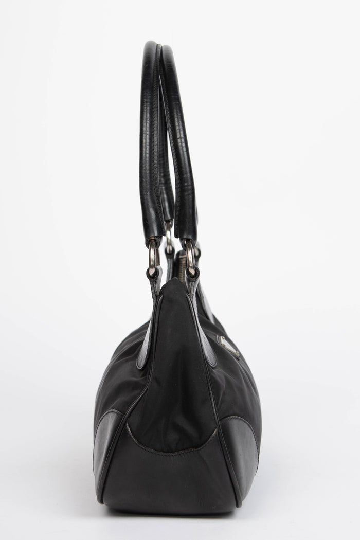2000s Prada Black Nylon Part Leather Small Shoulder Bag