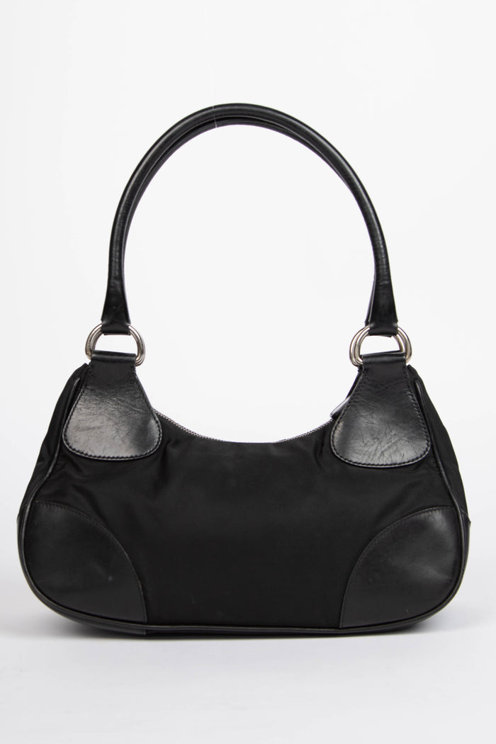 2000s Prada Black Nylon Part Leather Small Shoulder Bag