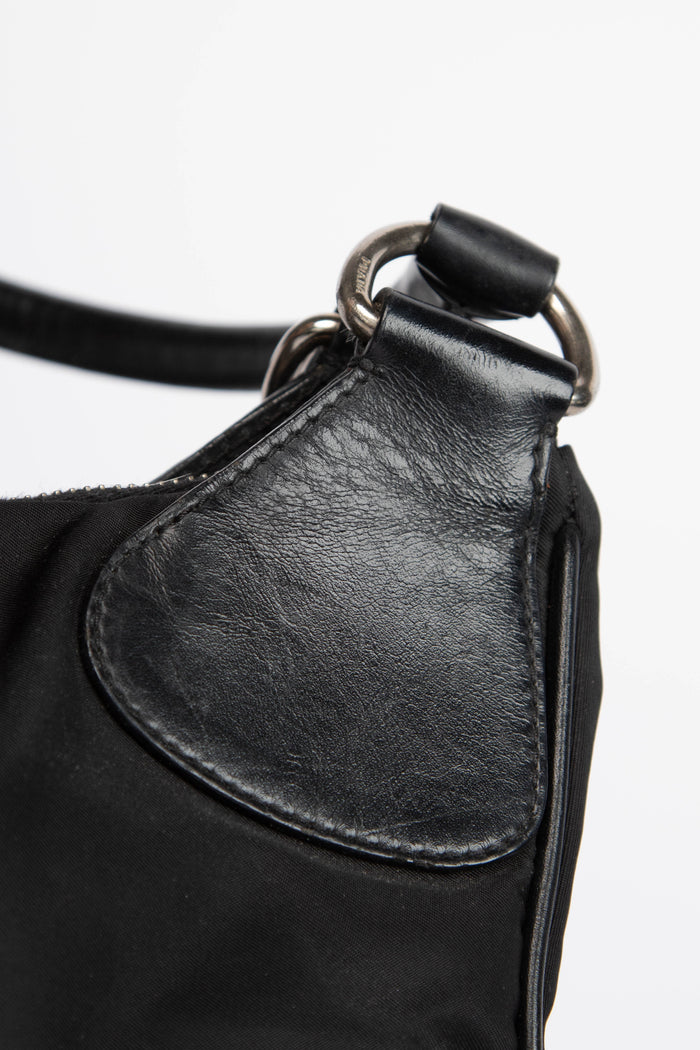 2000s Prada Black Nylon Part Leather Small Shoulder Bag
