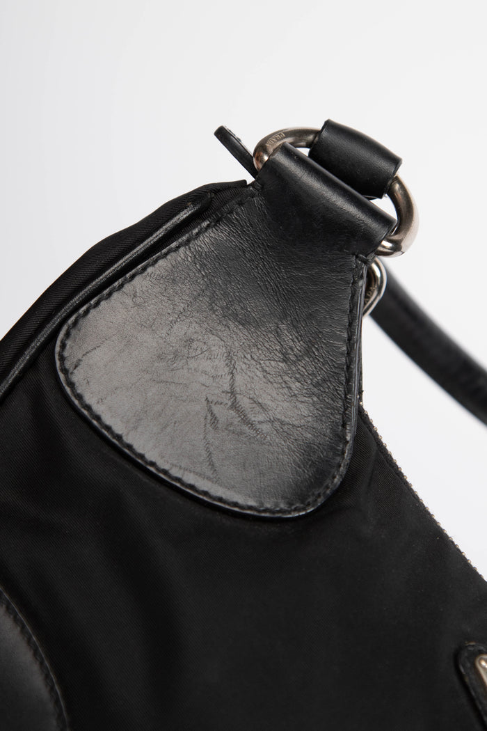 2000s Prada Black Nylon Part Leather Small Shoulder Bag